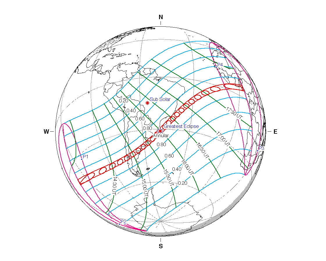 Map showing the path of the solar eclipse on 6 February 2027