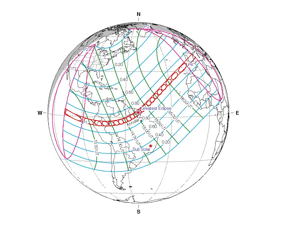 Map showing the path of the solar eclipse on 26 January 2028