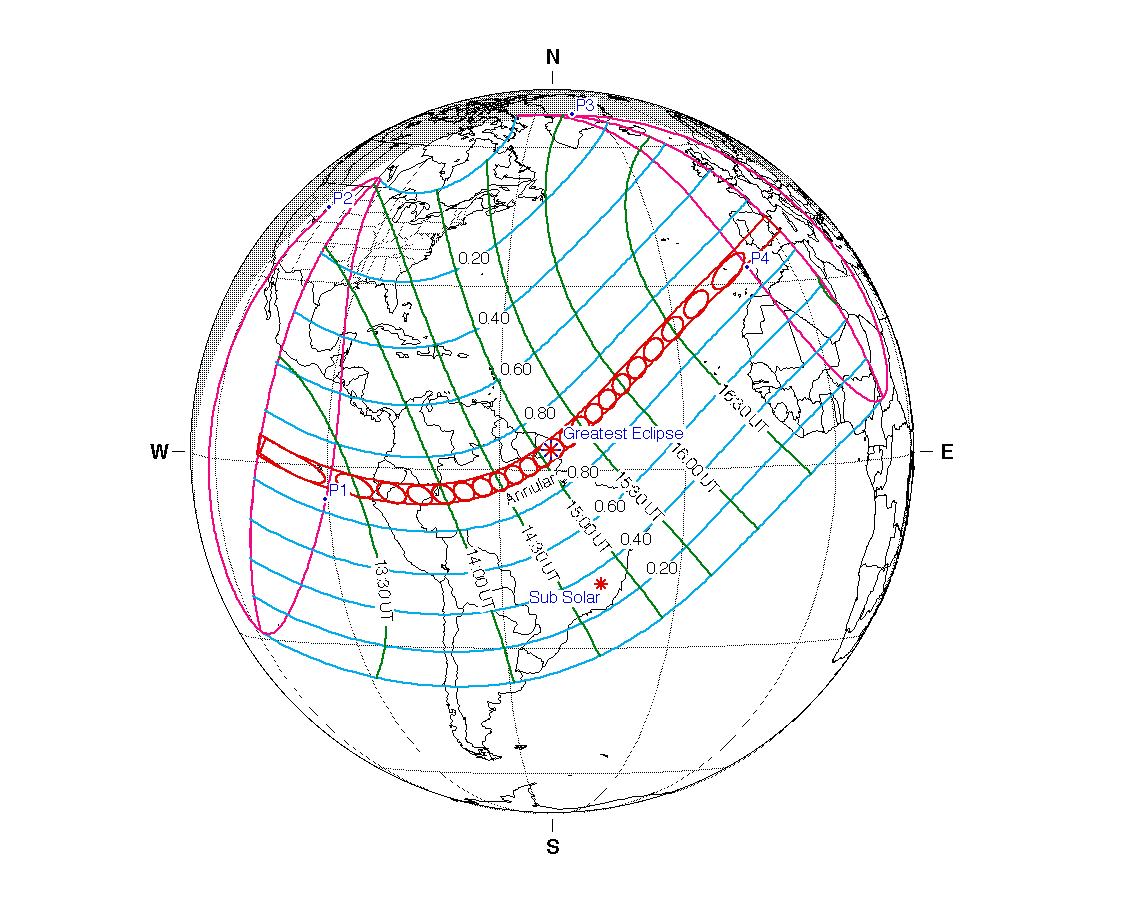 Map showing the path of the solar eclipse on 26 January 2028