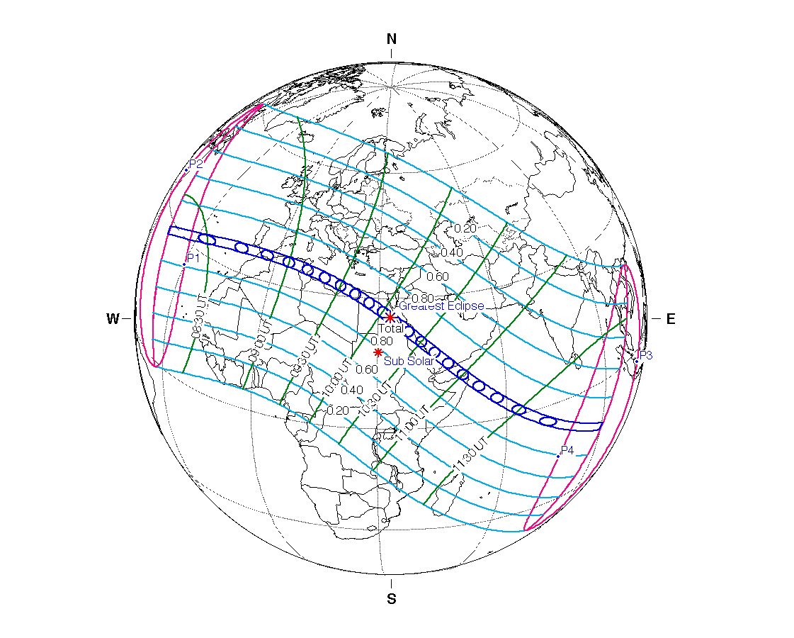 Map showing the path of the solar eclipse on 2 August 2027