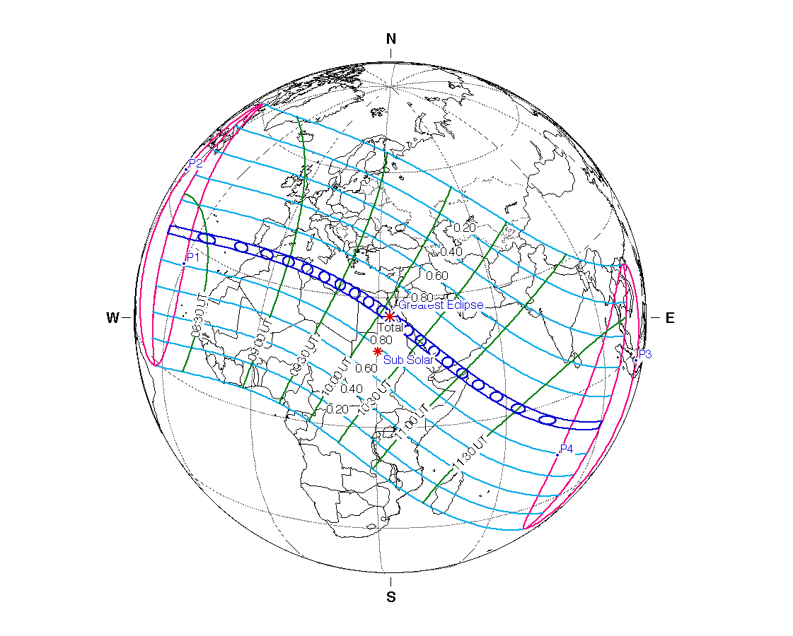Map showing the path of the solar eclipse on 2 August 2027