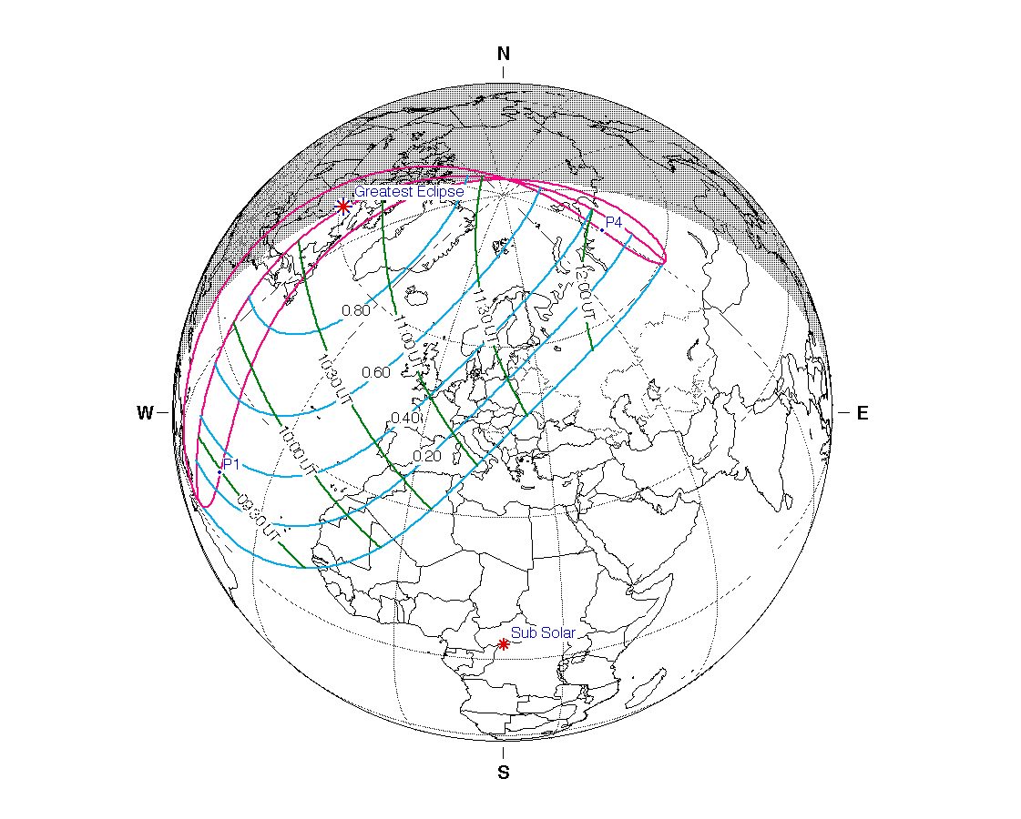 Map showing the path of the solar eclipse on 25 March 2025
