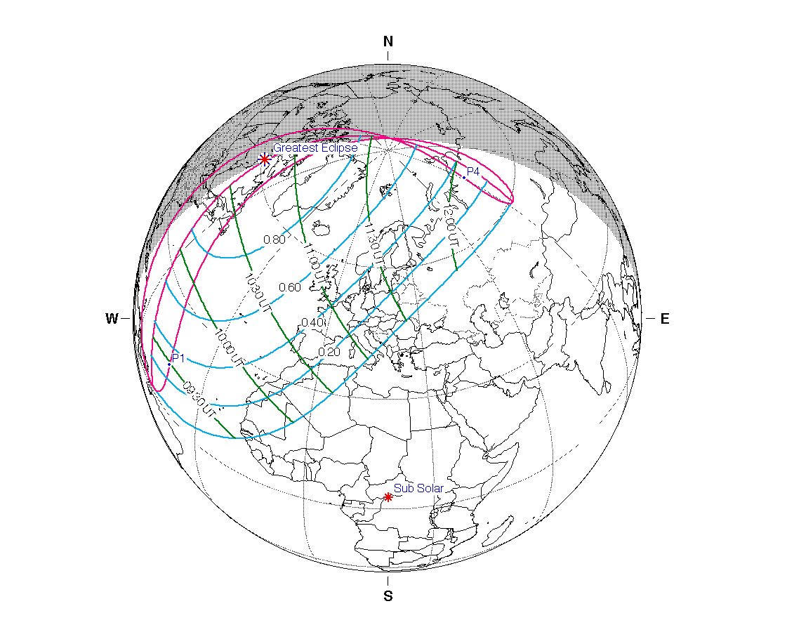 Map showing the path of the solar eclipse on 25 March 2025