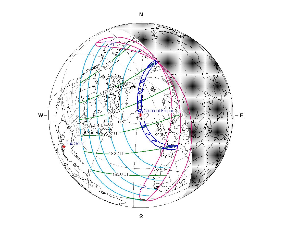 Map showing the path of the solar eclipse on 12 August 2026