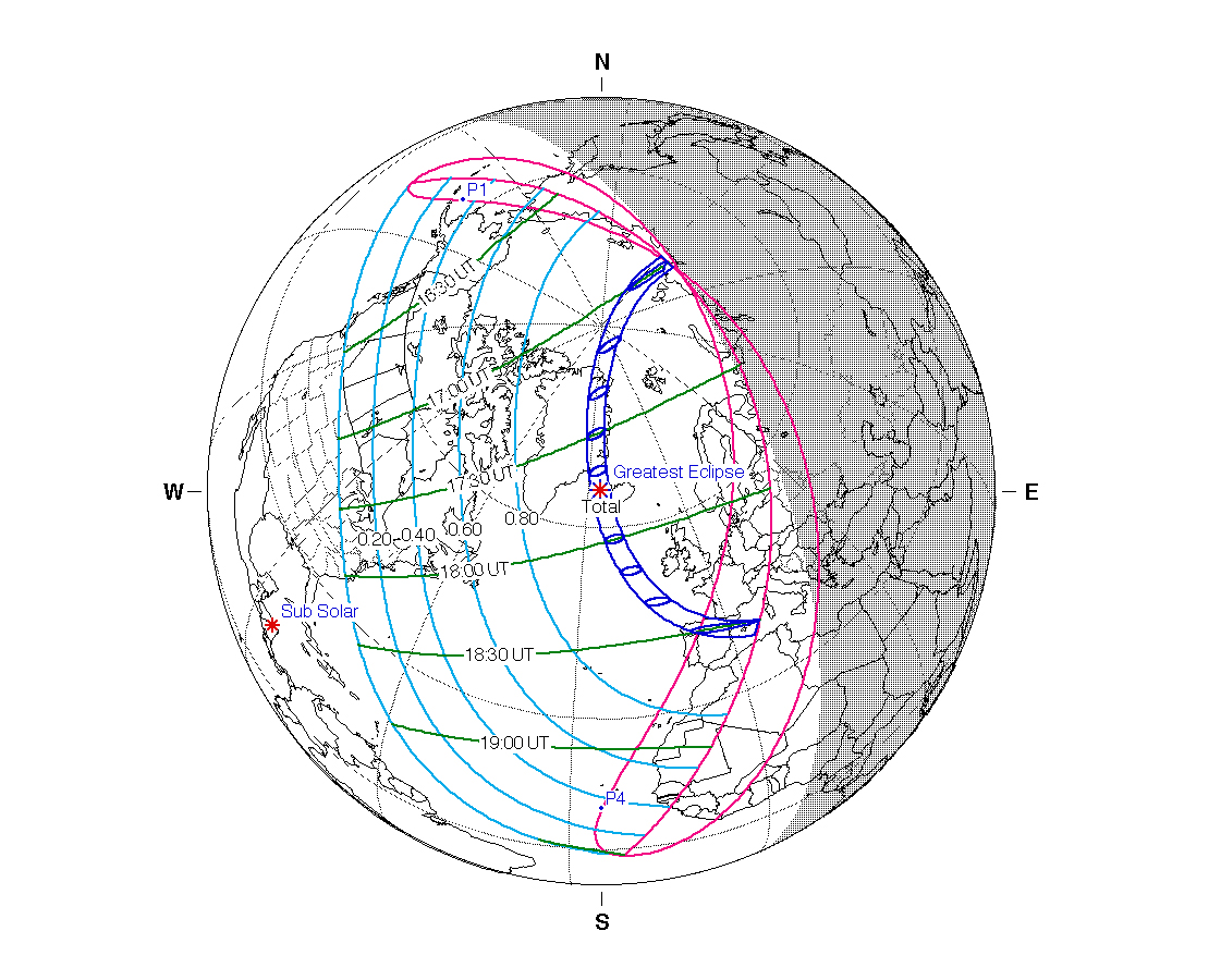Map showing the path of the solar eclipse on 12 August 2026