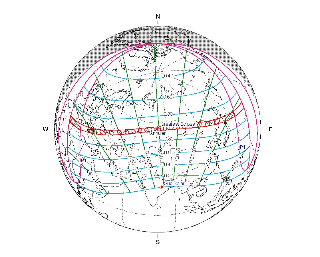 Map showing the path of the solar eclipse on 1 June 2030. Credit: NASA/Fred Espenak/eclipse.gsfc.nasa.gov