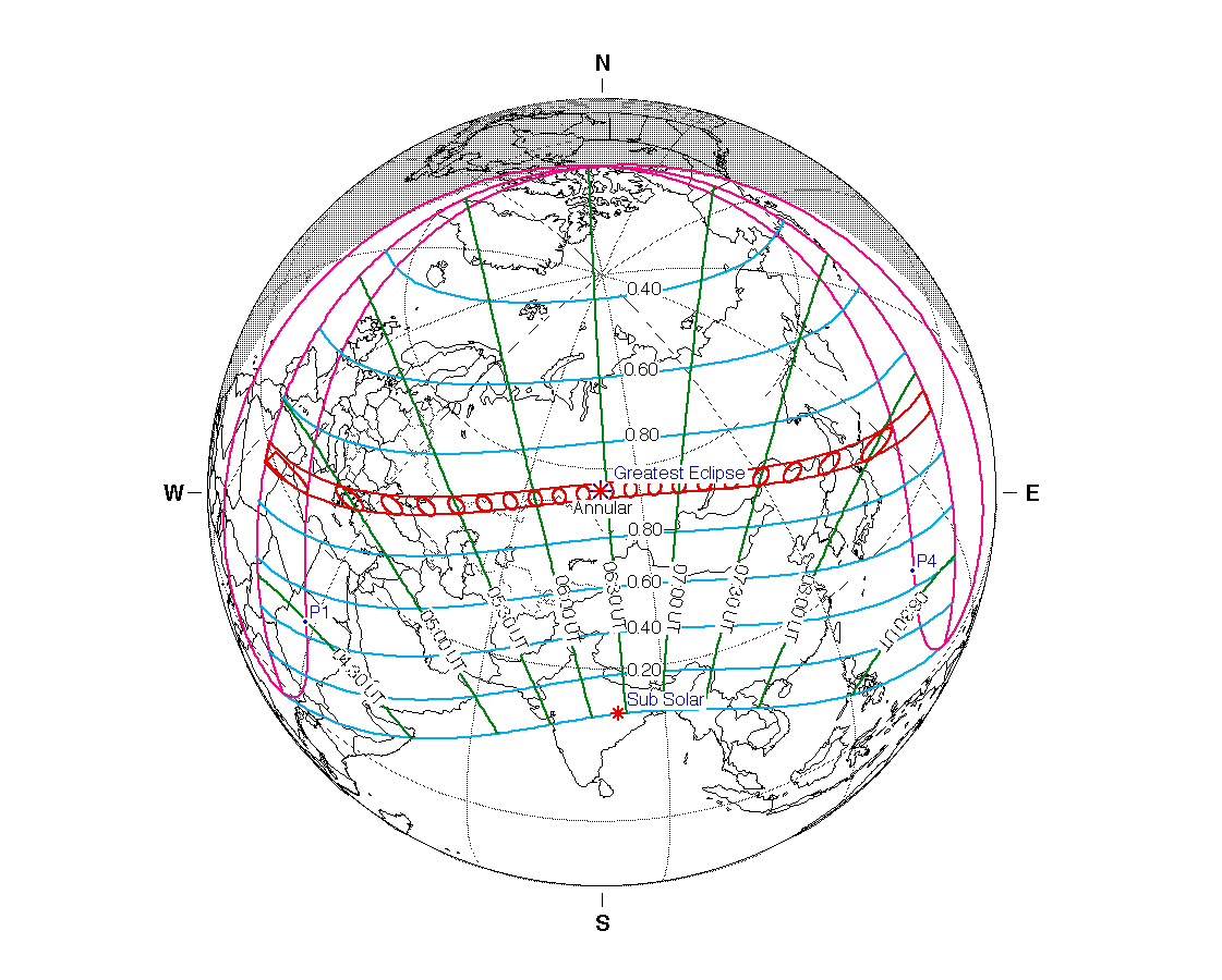 Map showing the path of the solar eclipse on 1 June 2030. Credit: NASA/Fred Espenak/eclipse.gsfc.nasa.gov
