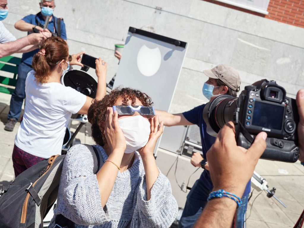 Eclipse chasers observing the partial solar eclipse of 10 June 2021 from Pamplona, Navarra, Spain. Photo By Eduardo Sanz/Europa Press via Getty Images