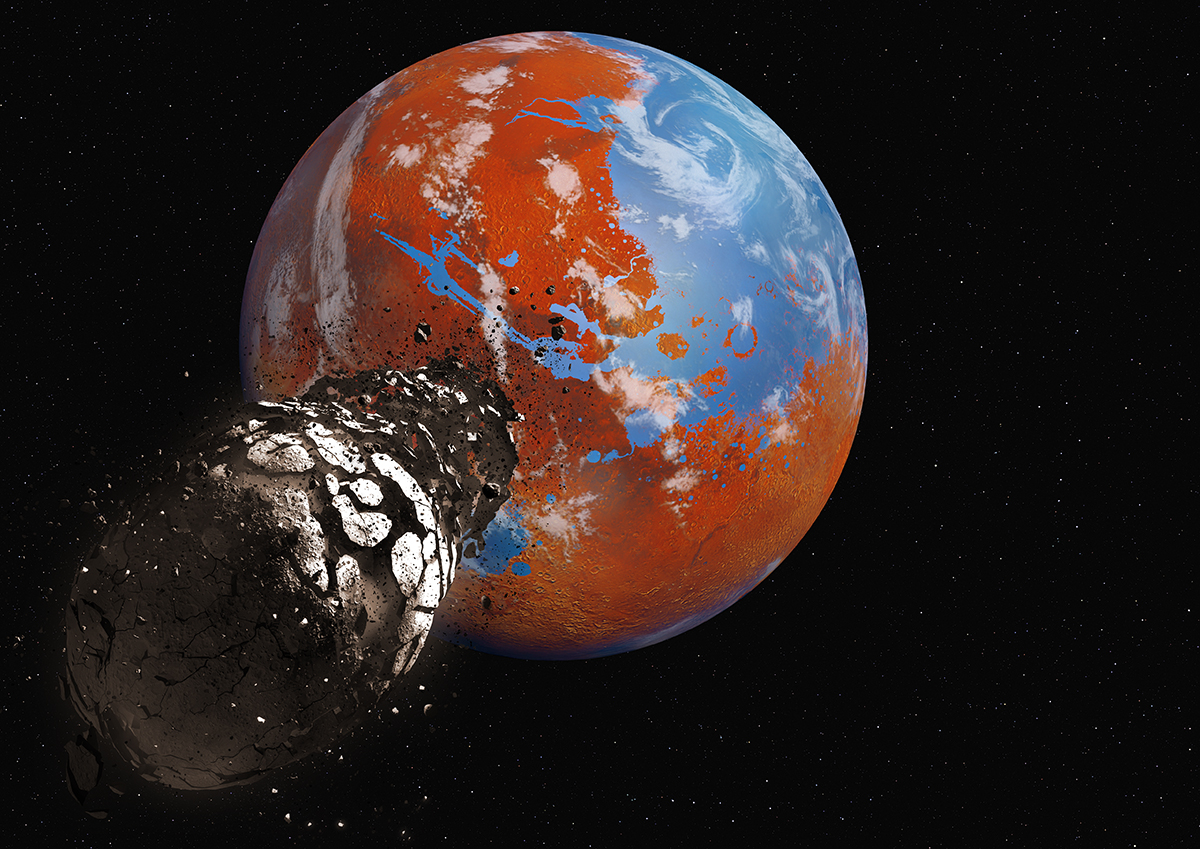 Did a moon 15 times more massive than Phobos once create ocean tides on Mars?. Ilustration: moon: Mark Garlick; Mars: DottedHippo, Getty