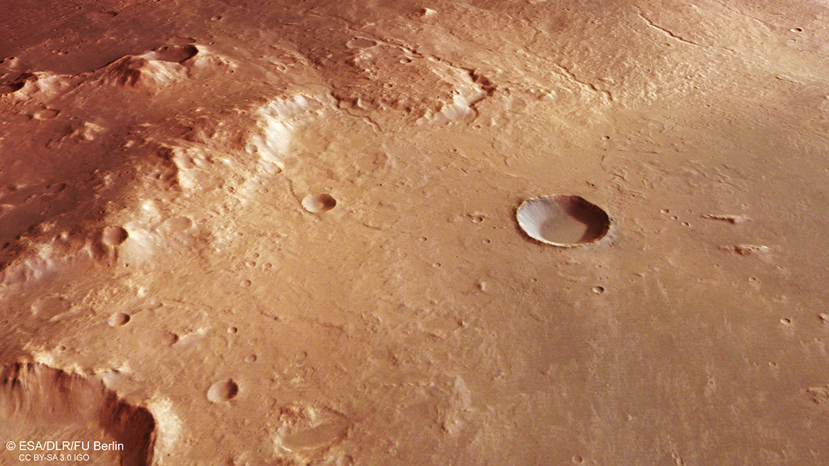 A view of Holden Basin on Mars, from inside the once water-filled reservoir. Image generated using data captured by the High Resolution Stereo Camera on the European Space Agency's Mars Express spacecraft. Credit: ESA/DLR/FU Berlin