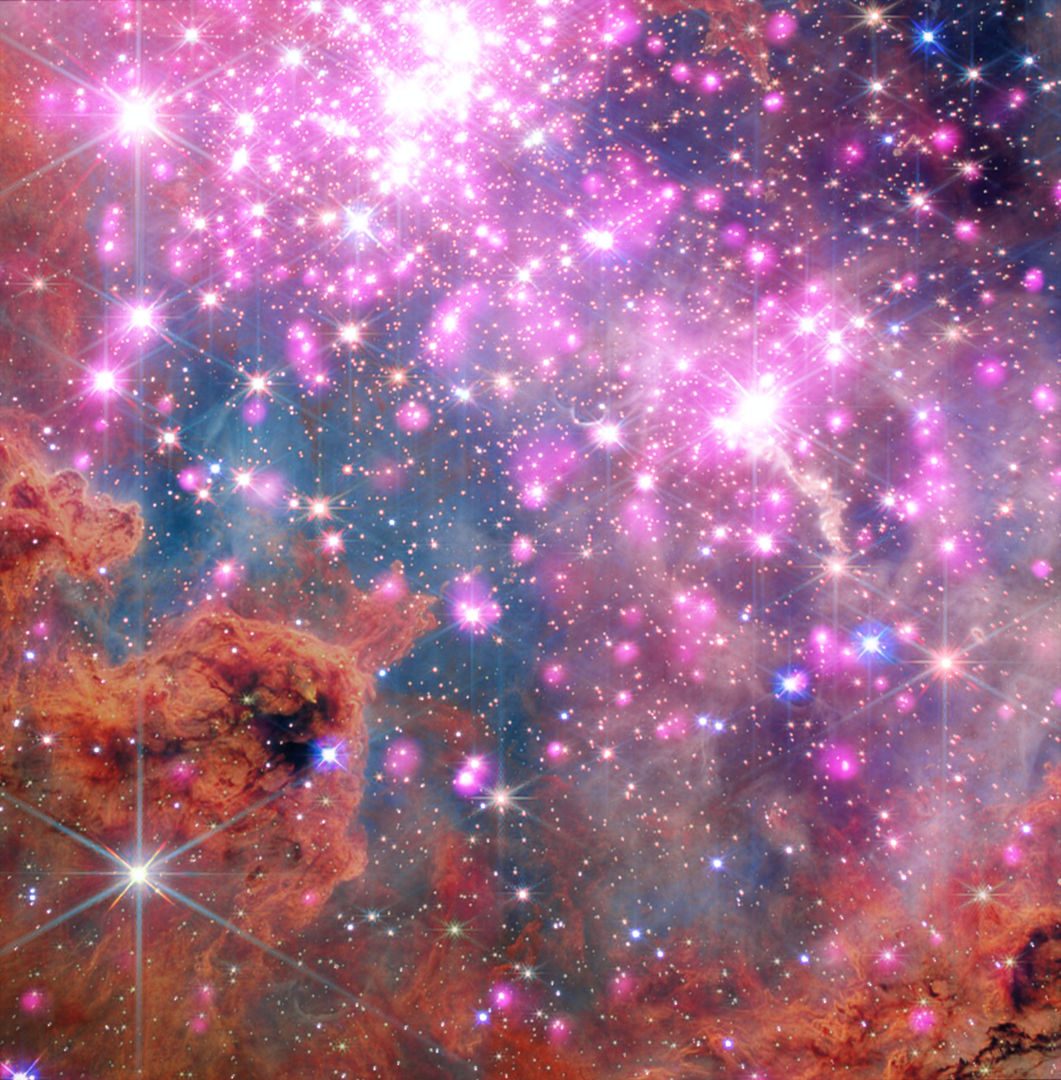 Star cluster Westerlund 2 Chandra X-ray Observatory/James Webb Space Telescope, 1 June 2026 Credit: X-ray: NASA/CXC/SAO/Sejong Univ./Hur et al; JWST: ESA/Webb, NASA & CSA, V. Almendros-Abad, M. Guarcello, K. Monsch, and the EWOCS team. Image processing: NASA/CXC/SAO/L. Frattare and K. Arcand