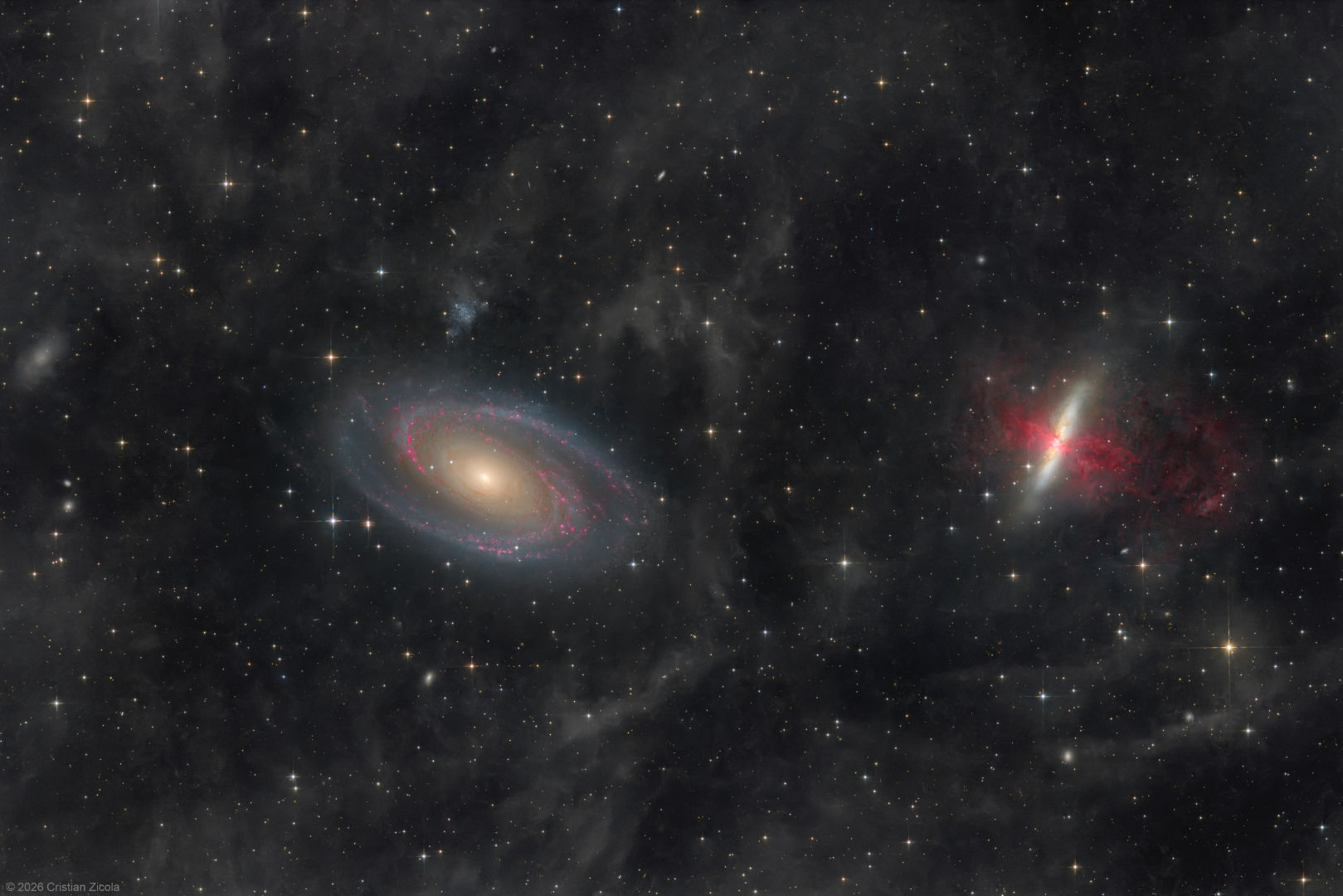 Bode’s Galaxy, M81 and the Cigar Galaxy, M82 Cristian Zicola, Bisaccia, Avellino, Italy, 4, 19, 25, 26 April and 2 May 2026 Equipment: Player One Poseidon-C camera, Tecnosky Newton 200/800 reflector, Skywatcher NEQ6 Pro mount