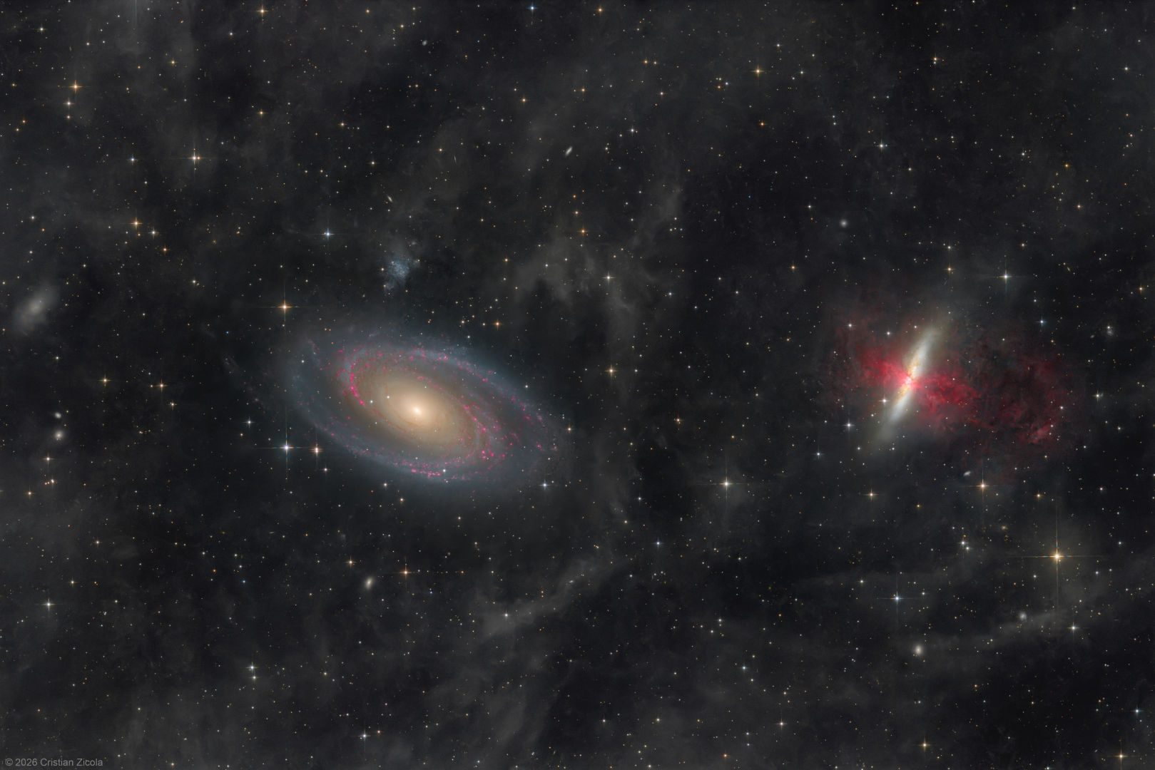Bode’s Galaxy, M81 and the Cigar Galaxy, M82 Cristian Zicola, Bisaccia, Avellino, Italy, 4, 19, 25, 26 April and 2 May 2026 Equipment: Player One Poseidon-C camera, Tecnosky Newton 200/800 reflector, Skywatcher NEQ6 Pro mount