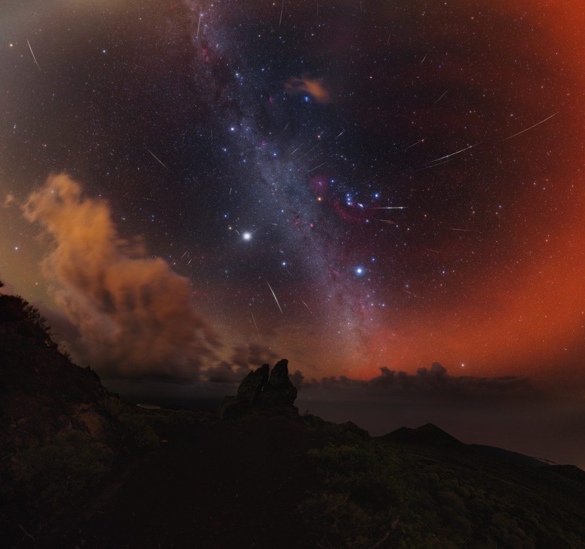 Geminid meteor shower Oldřich Špůrek, La Palma, Canary Islands, Spain, 13-14 December 2025 Equipment: Canon EOS 6D camera, Sigma 35mm lens, Sky-Watcher Star Adventurer mount (background); Canon EOS R6 MkII and EOS 6D cameras, Sigma 14mm and Samyang 14mm lenses, Sky-Watcher Star Adventurer mount (meteors)