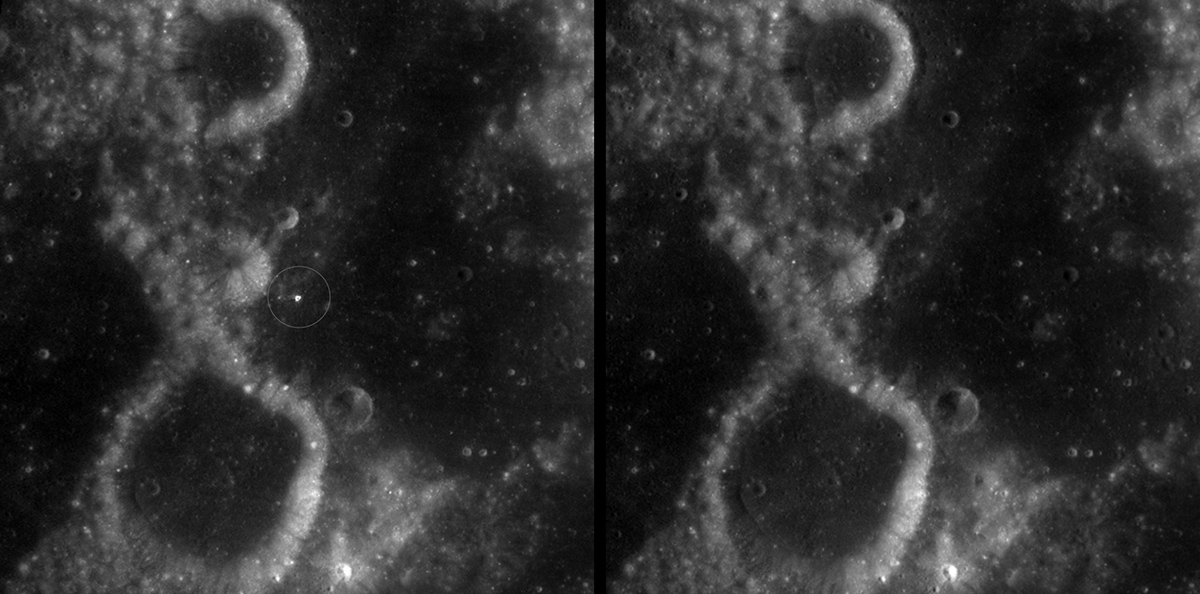 Before (right) and after (left) images of the site where McGetchin crater formed on the Moon., captured by NASA's Lunar Reconnaissance Orbiter. The white spot is material flung out of the crater when an asteroid or comet crashed into the Moon. NASA Goddard/Intuitive Machines/Robert Wagner