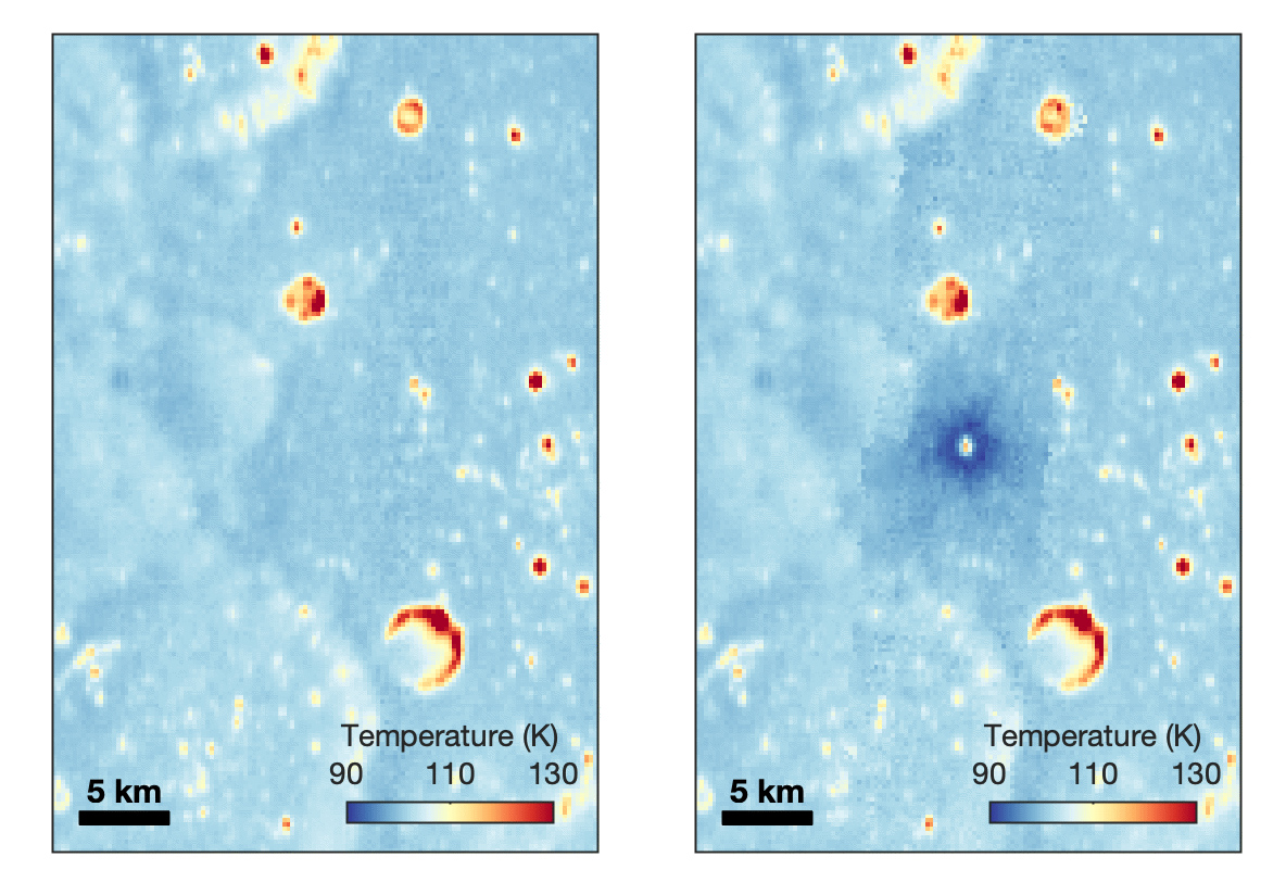 Before (left) and after (right) images show the area where McGetchin crater formed, captured by NASA’s Lunar Reconnaissance Orbiter thermal instrument, Diviner. The dark blue strip is a cold spot around the crater that's cooler at night than its surroundings. Credit: NASA Goddard/UCLA/JHU APL