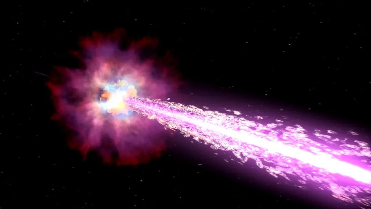 Impressão artística de uma explosão de raios gama. Crédito: NASA/Swift/Cruz deWilde