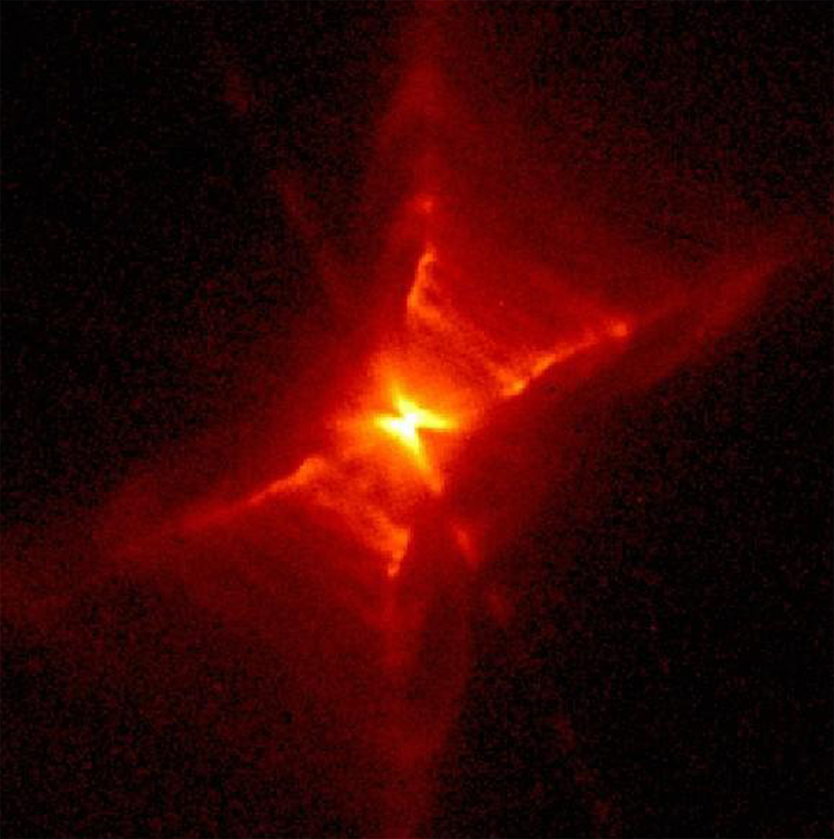 False-colour view of the Red Rectangle Nebula captured with the Hubble Space Telescope using a red filter. Credit: NASA/JPL (Raghvendra Sahai)