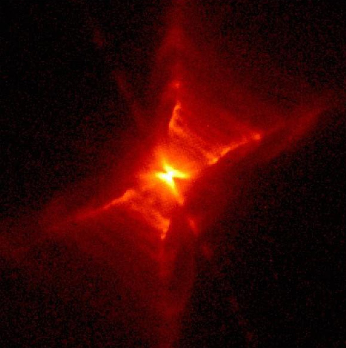 False-colour view of the Red Rectangle Nebula captured with the Hubble Space Telescope using a red filter. Credit: NASA/JPL (Raghvendra Sahai)