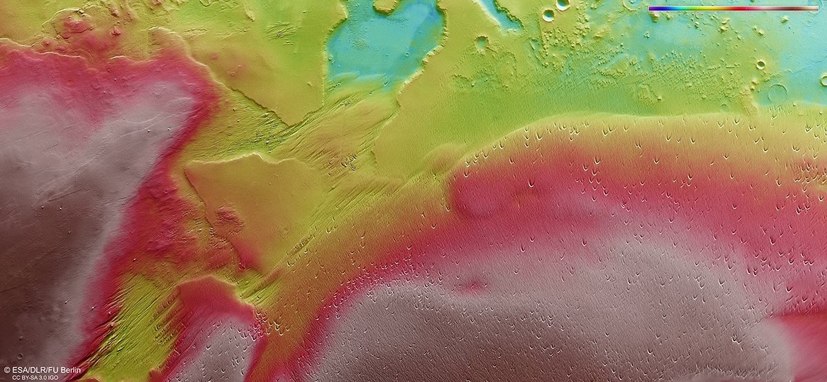 A colour-coded topographic image of a region known as Medusae Fossae on Mars. The images here are false colour to show the region's topography. Lower regions are blue and purple; hight regions are white and red. Credit: ESA/DLR/FU Berlin