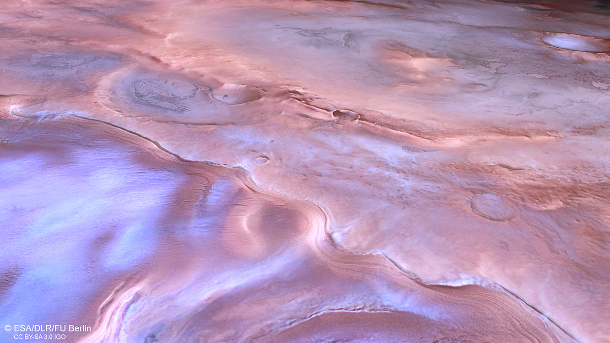 Purple swirls and frost seen on Mars in an area called Thyles Rupes, as seen by ESA's Mars Express orbiter. Credit: ESA/DLR/FU Berlin
