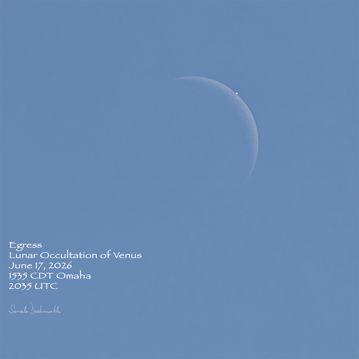 From North America, last night's conjunction of Venus and the crescent Moon resulted in a lunar occultation of Venus, where the Moon passed in front of the planet. Sonali Deshmukh captured this view of the occultation egress from Omaha, USA, 17 June 2026. Equipment: Canon EOS RP DSLR camera, Tamron 150-600mm lens Exposure: ISO 400, f/6.3, 1/2000