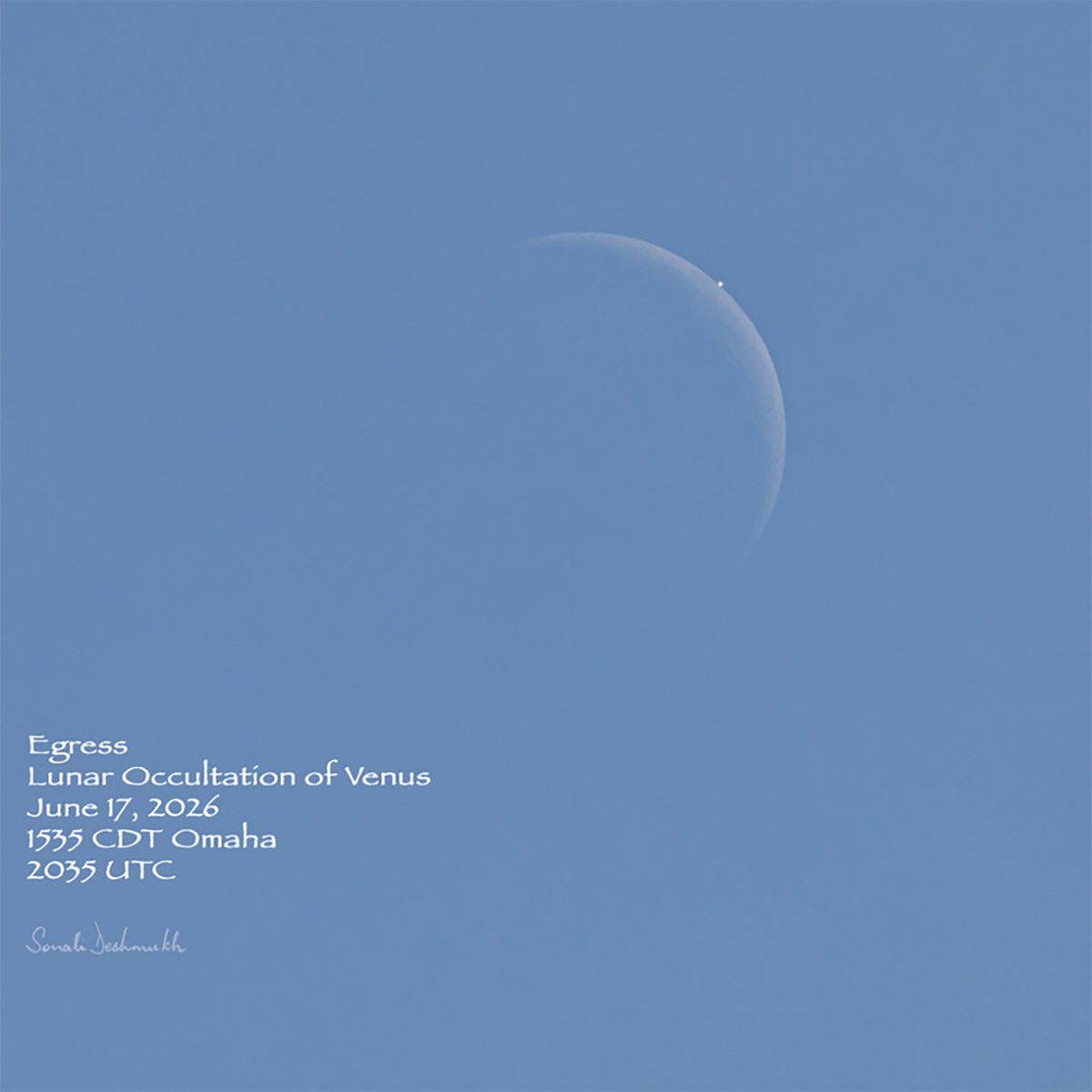 From North America, last night's conjunction of Venus and the crescent Moon resulted in a lunar occultation of Venus, where the Moon passed in front of the planet. Sonali Deshmukh captured this view of the occultation egress from Omaha, USA, 17 June 2026. Equipment: Canon EOS RP DSLR camera, Tamron 150-600mm lens Exposure: ISO 400, f/6.3, 1/2000