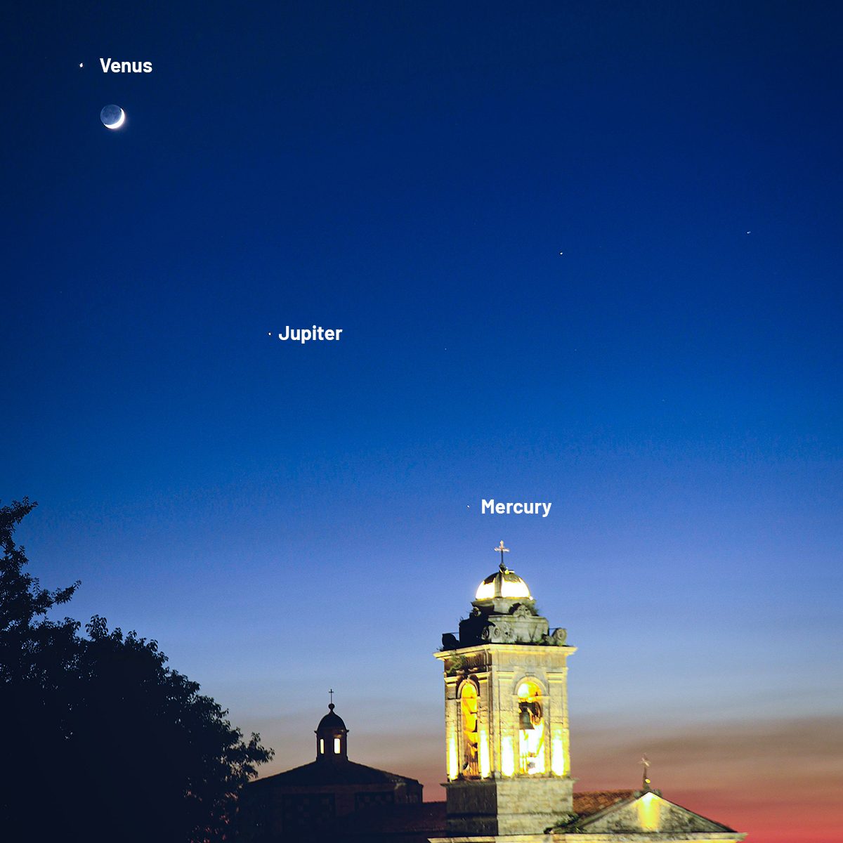 Giovanni Passalacqua captured this amazing view of Venus, Jupiter, Mercury and the crescent Moon at sunset from Chiaramonte, Sicily, Italy, 17 June 2026, 21:30 local time. Equipment: Canon EOS R DSLR camera, Sigma 53mm lens, Manfrotto tripod Exposure: ISO 200, f/3.5, 5s Software: Photoshop