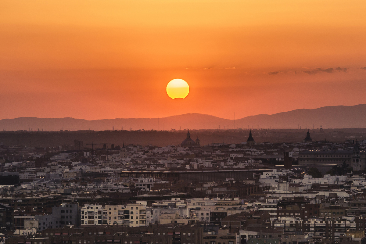 Partial solar eclipse over Madrid, Spain. Credit: Cavan Images / Getty Images