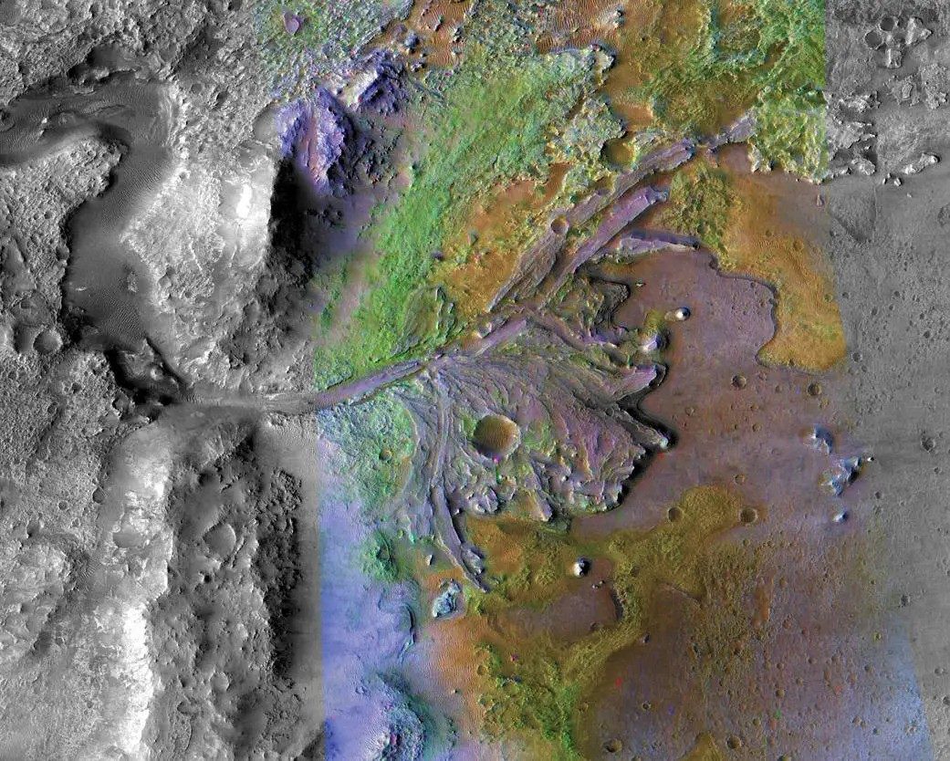 The remains of a river delta in Jezero Crater, as seen by the Mars Reconnaissance Orbiter. Credit: NASA/JPL-Caltech/MSSS/JHU-APL
