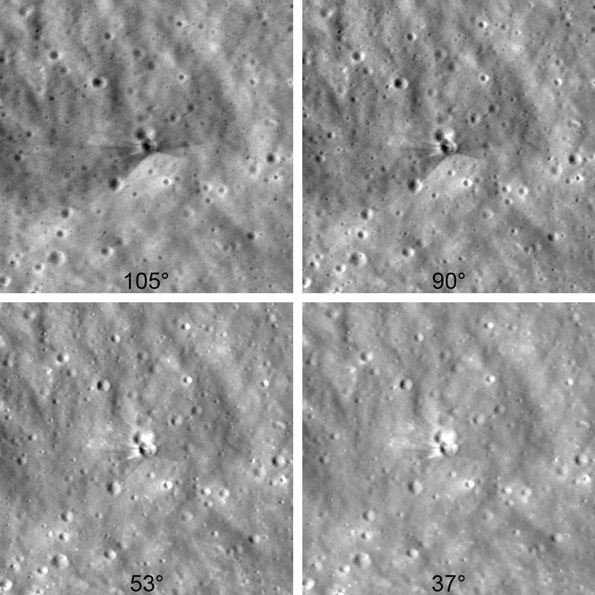 Images of a crater on the Moon caused by a Falcon 9 upper stage impact, as seen by the Lunar Reconnaissance Orbiter. Credit: NASA Goddard/Intuitive Machines