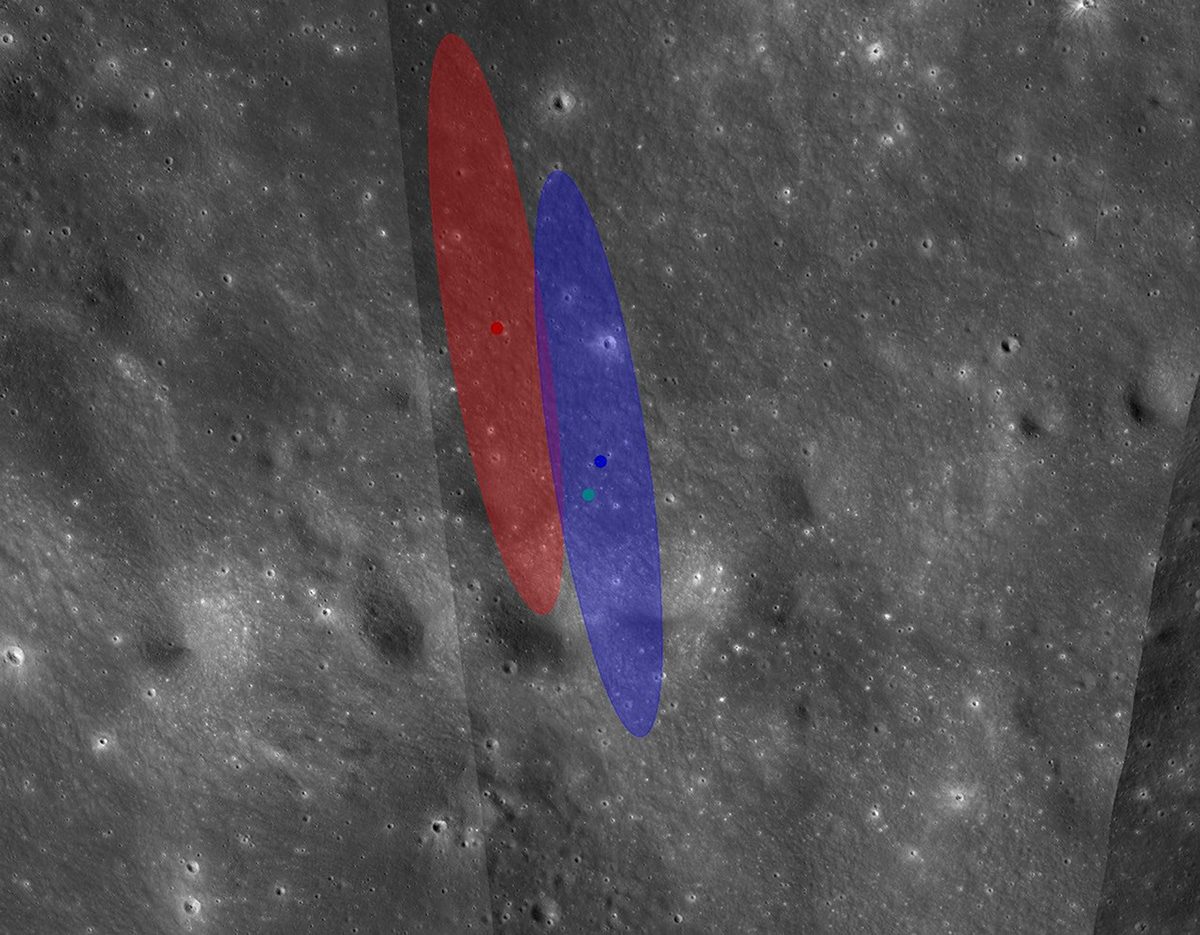 The two predicted sites of the Falcon 9's impact on the Moon. Red and blue show the predicted sites, while the cyan dot shows the actual impact site. Credit: NASA/JPL-Caltech