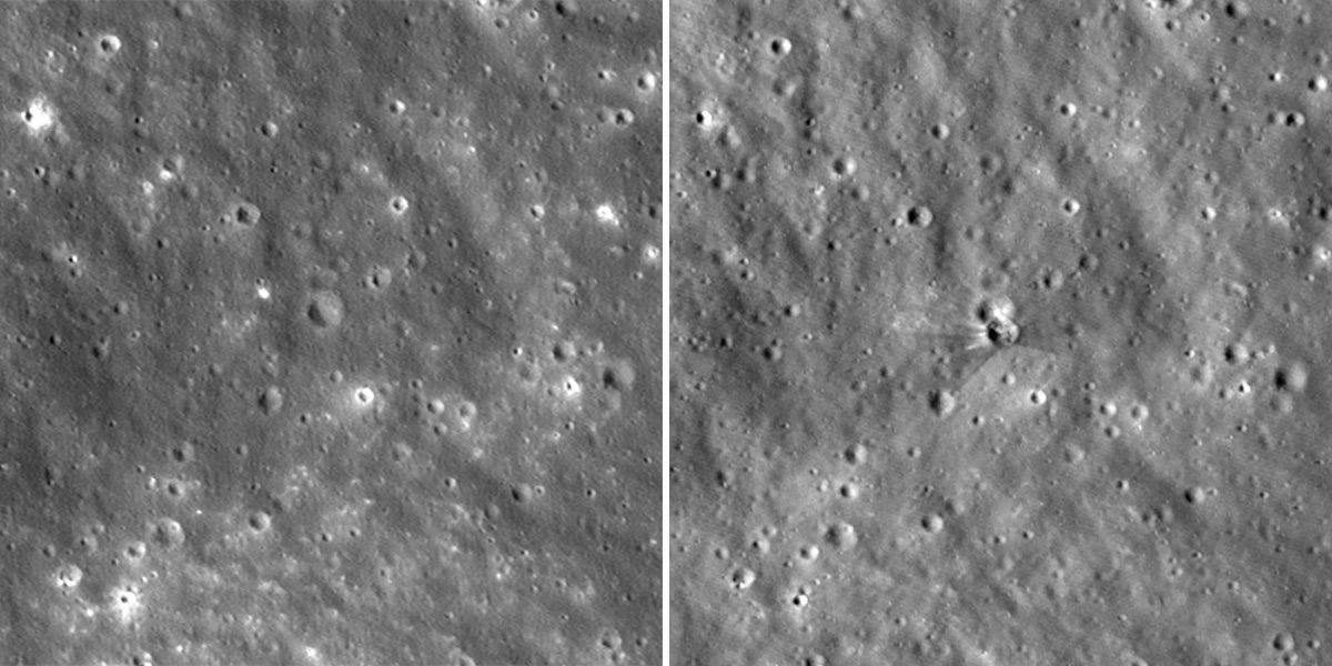 Images captured by the Lunar Reconnaissance Orbiter show the before (left) and after (right) views of where a Flacon 9 rocket crashed into the Moon. Credit: NASA Goddard/Intuitive Machines