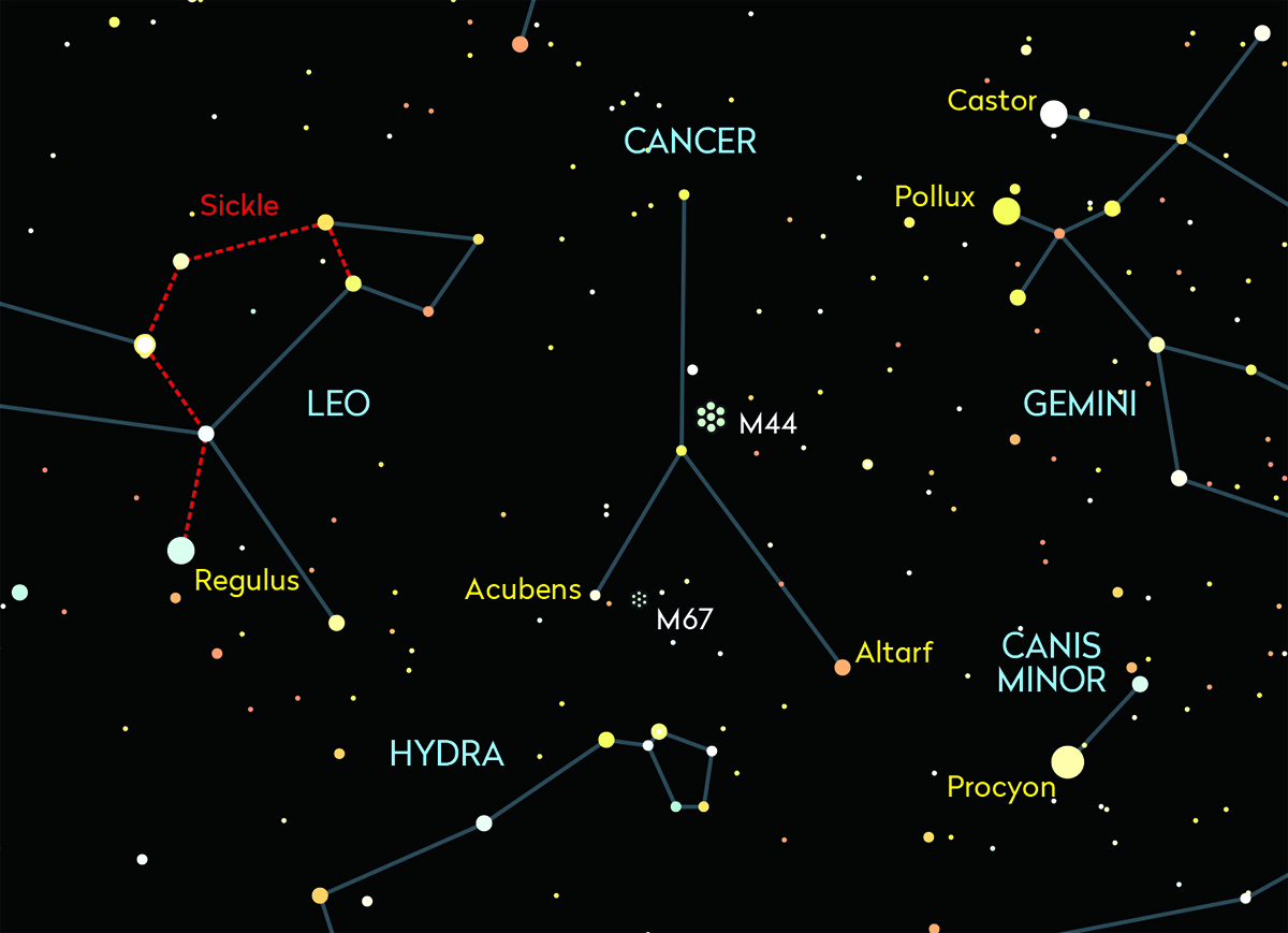 A chart showing the Beehive Cluster, M44, in Cancer. Credit: Pete Lawrence