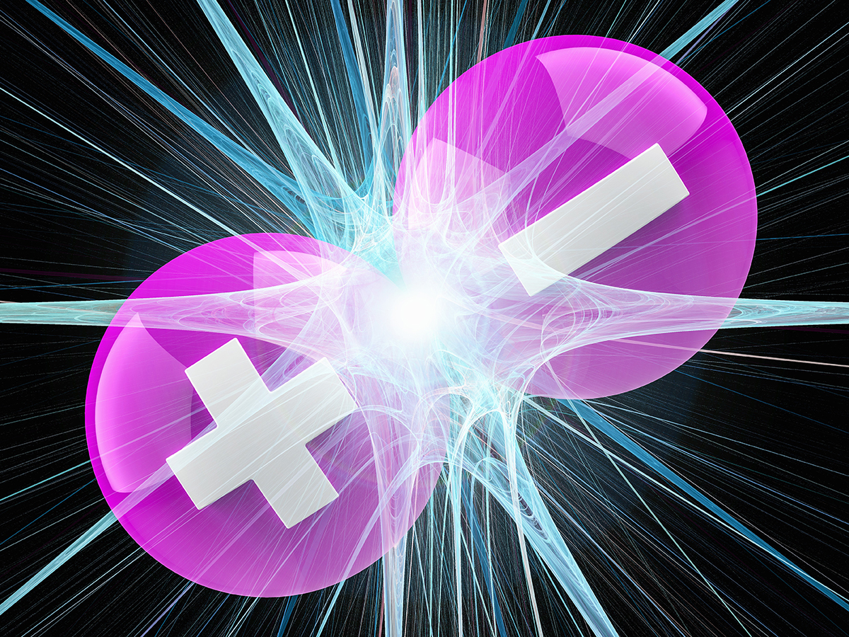 Conceptual illustration of a matter-antimatter particle pair. Credit LAGUNA DESIGN / SCIENCE PHOTO LIBRARY