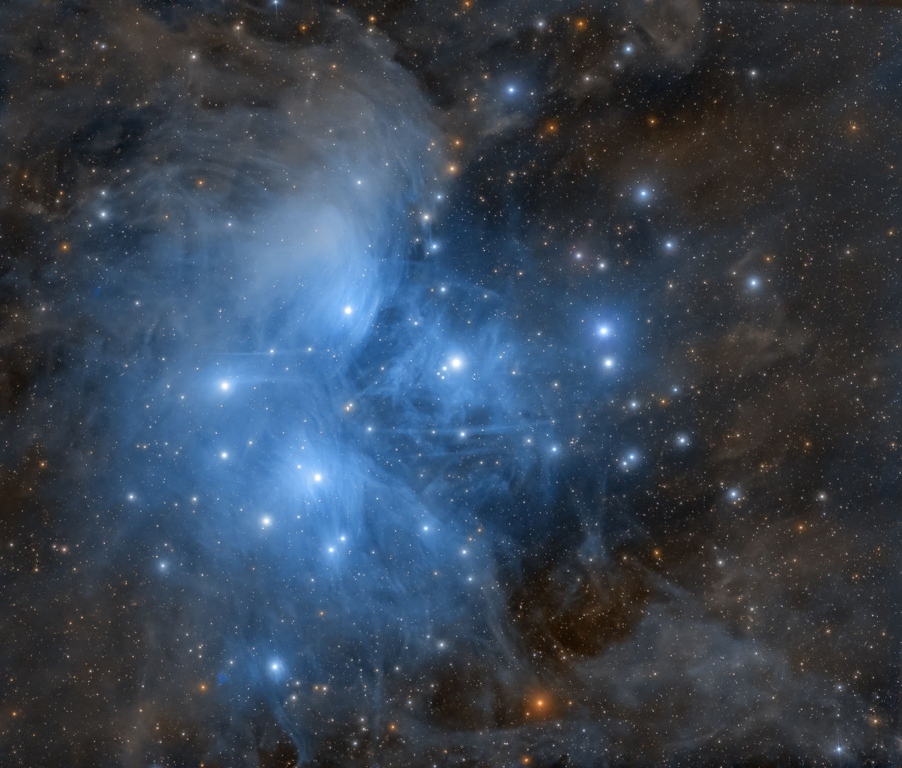 The Pleiades, M45 Harshwardhan Pathak and Yusuf Khan, Shravasti, India, 19-21 October 2025 Equipment: ZWO ASI533MC Pro camera, William Optics RedCat 51 refractor, Sky-Watcher Star Adventurer mount