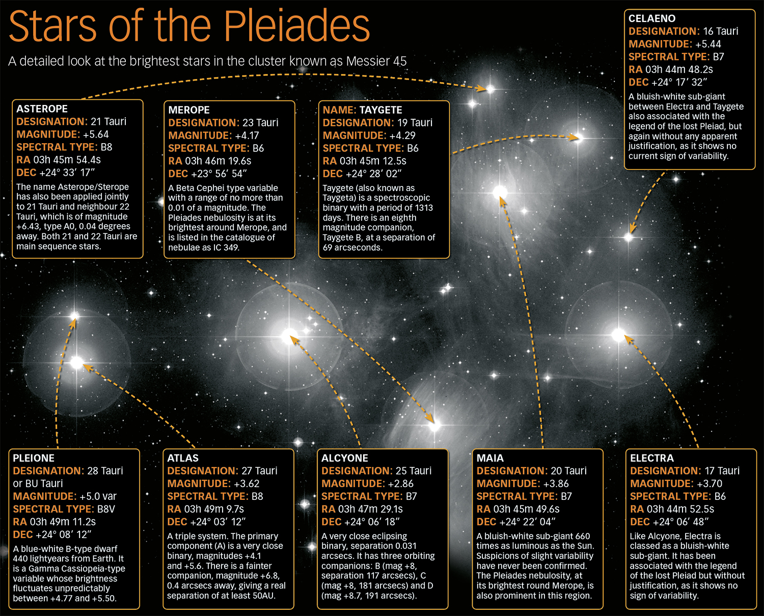 The individual stars of the Pleiades.