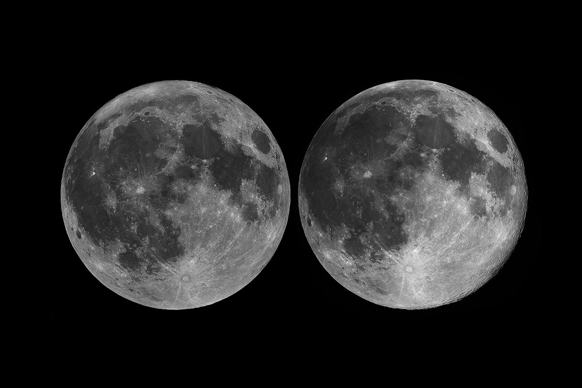 Thanks to lunar libration we can observe slightly more than half of the Moon’s surface. Credit: Pete Lawrence When you observe a full Moon, you can observe slightly more than half the surface, thanks to lunar libration. Credit: Pete Lawrence