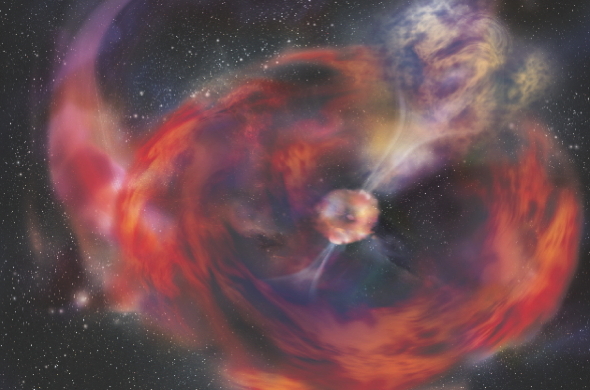 An artist's impression of a neutron star absorbing a comet – one of two rival explanations for a gamma-ray burst that was spotted on Christmas Day 2010. Credit: A Simmonet, NASA, E/PO, Sonoma State University