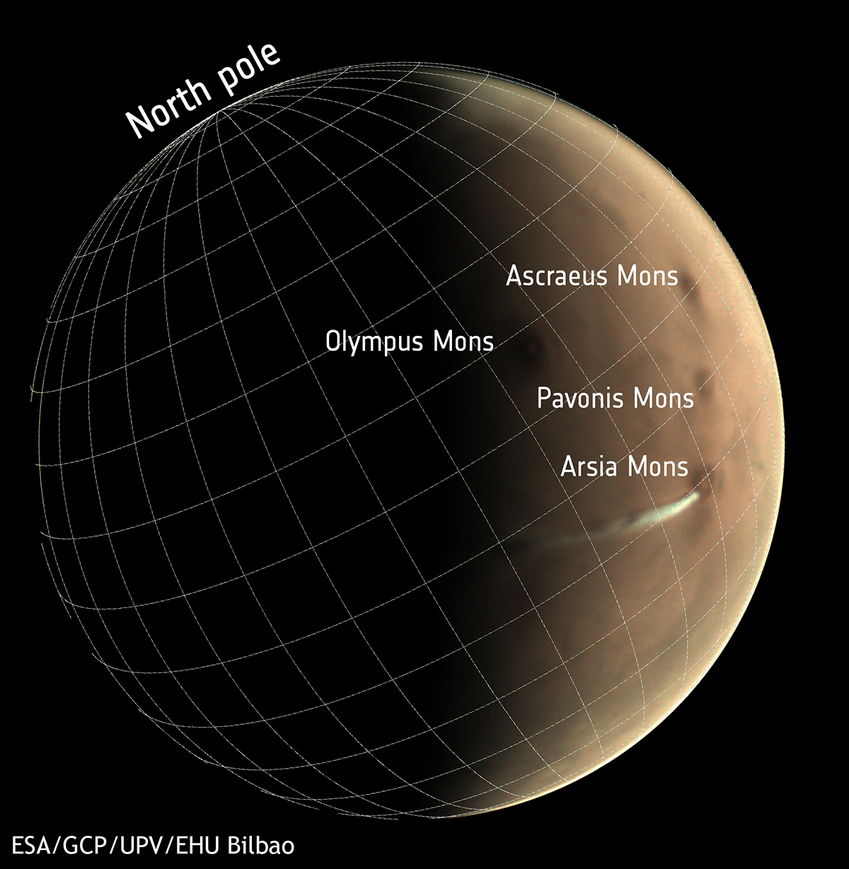 The location of the Arsia Mons Elongated Cloud. Credit: ESA/GCP/UPV/EHU Bilbao