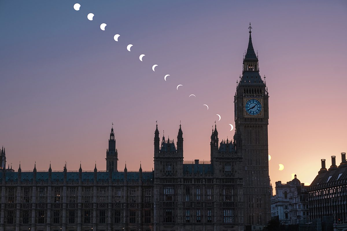 Partial solar eclipse over London, captured by Toshi Omagari, 12 August 2026. Equipment: FujiFilm X-E4 camera, Sigma 18–50mm lens, solar filter. Exposure for eclipse: f/8, 1/4000s, ISO 3200, 5-minute intervals. Exposure for Big Ben: f/8, 1/180, ISO 640