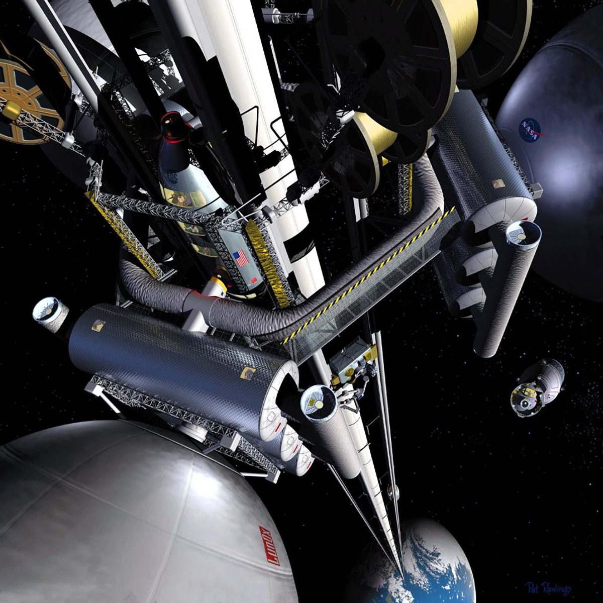 Artist's impression of a space elevator. Credit: AFP PHOTO/ NASA (Photo by NASA / NASA / AFP) (Photo by NASA/NASA/AFP via Getty Images)
