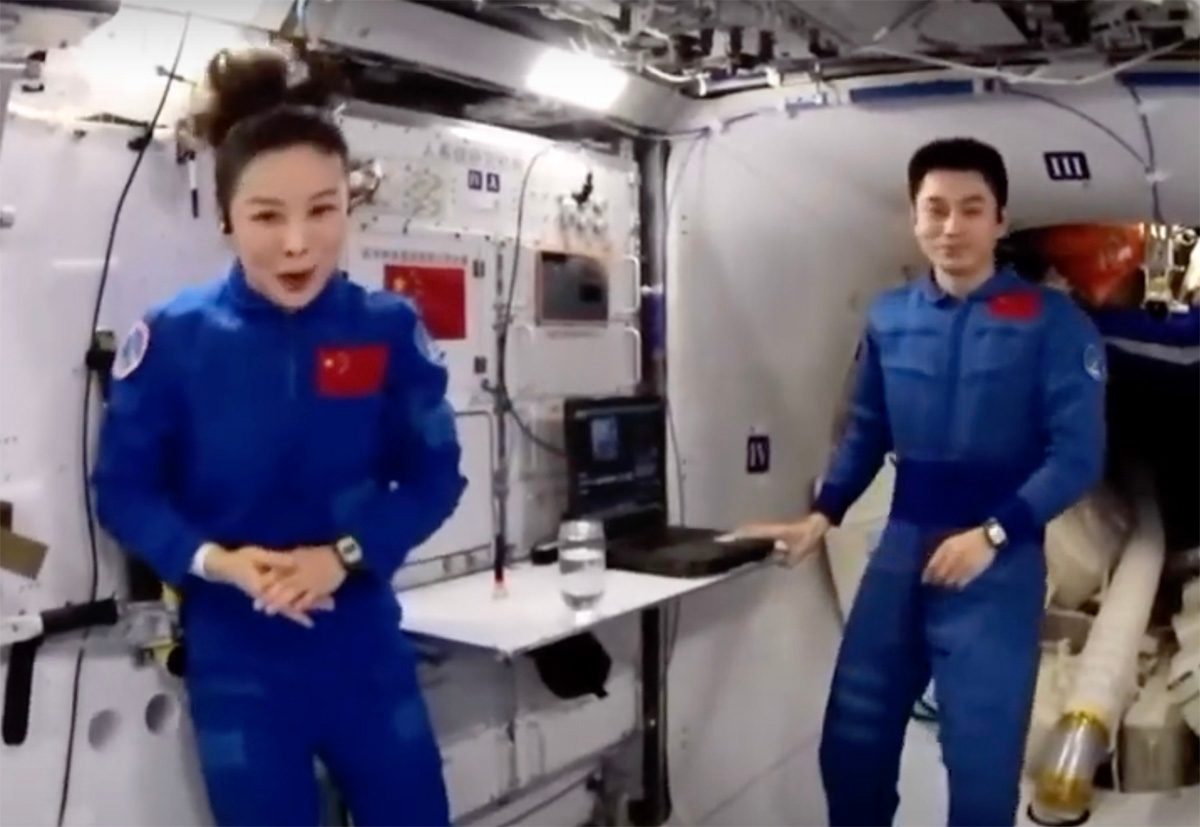 A video showing a glass of water sitting on a worktop onboard the Chinese space station. Credit: CGTN / CNSA