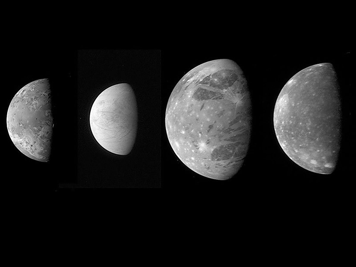 Jupiter's four Galilean moons as seen by the Long Range Reconnaissance Imager (LORRI) on the New Horizons spacecraft during its flyby of Jupiter in late February 2007. Left to right: Io, Europa, Ganymede and Callisto. Credit: NASA/Johns Hopkins University Applied Physics Laboratory/Southwest Research Institute