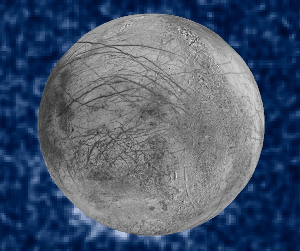 A Hubble Space Telescope image of Europa showing suspected plumes of water vapour erupting at the 7 o'clock mark. Credits: NASA/ESA/W. Sparks (STScI)/USGS Astrogeology Science Center