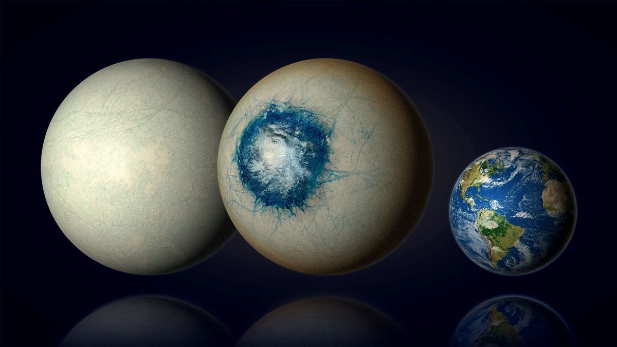 Temperate exoplanet LHS 1140 b may be completely covered in ice (left), or could be an ice world with a liquid substellar ocean and a cloudy atmosphere, making it resemble an eyeball. Credit: B. Gougeon/Université de Montréal