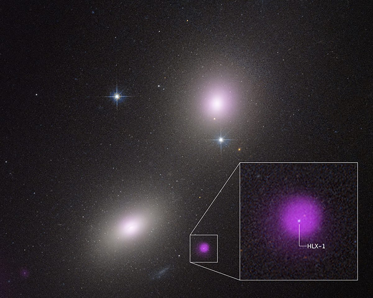 Image showing a possible rare object known as an intermediate-mass black hole (IMBH), a rare class of black holes. Called NGC 6099 HLX-1, it seems to reside in a compact star cluster in a giant elliptical galaxy. Credit: X-ray: NASA/CXC/Inst. of Astronomy, Taiwan/Y-C Chang; Optical/UV: NASA/ESA/STScI/HST; Image Processing: NASA/STScI/J. DePasquale
