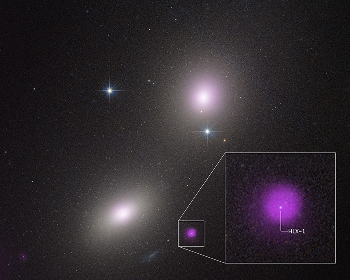 Image showing a possible rare object known as an intermediate-mass black hole (IMBH), a rare class of black holes. Called NGC 6099 HLX-1, it seems to reside in a compact star cluster in a giant elliptical galaxy. Credit: X-ray: NASA/CXC/Inst. of Astronomy, Taiwan/Y-C Chang; Optical/UV: NASA/ESA/STScI/HST; Image Processing: NASA/STScI/J. DePasquale