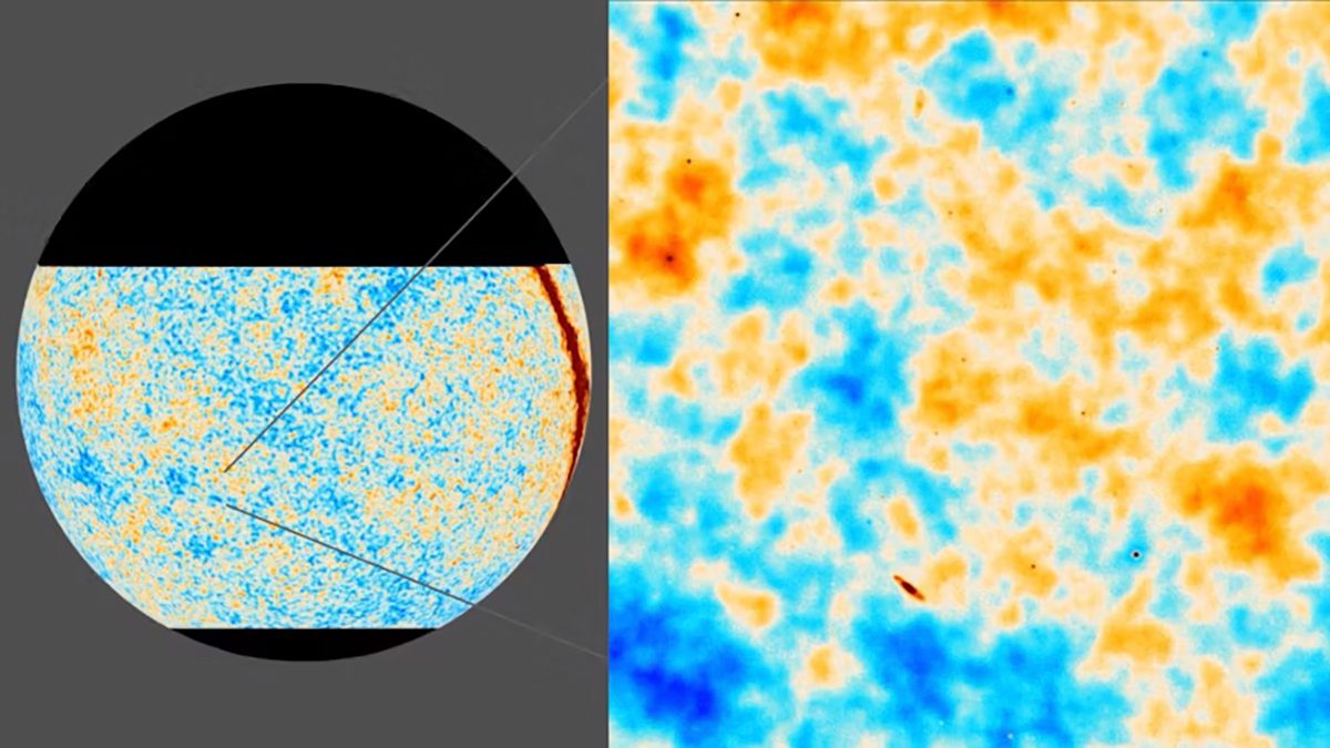 A high-definition image of the baby universe. The close-up on the right reveals the direction polarised light is vibrating in, telling us more about the motion of ancient gases pulled by gravity. Credit: ACT Collaboration; ESA/Planck Collaboration