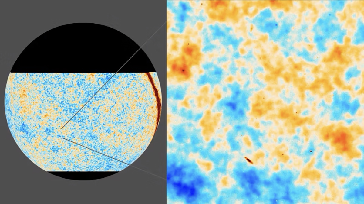 A high-definition image of the baby universe. The close-up on the right reveals the direction polarised light is vibrating in, telling us more about the motion of ancient gases pulled by gravity. Credit: ACT Collaboration; ESA/Planck Collaboration
